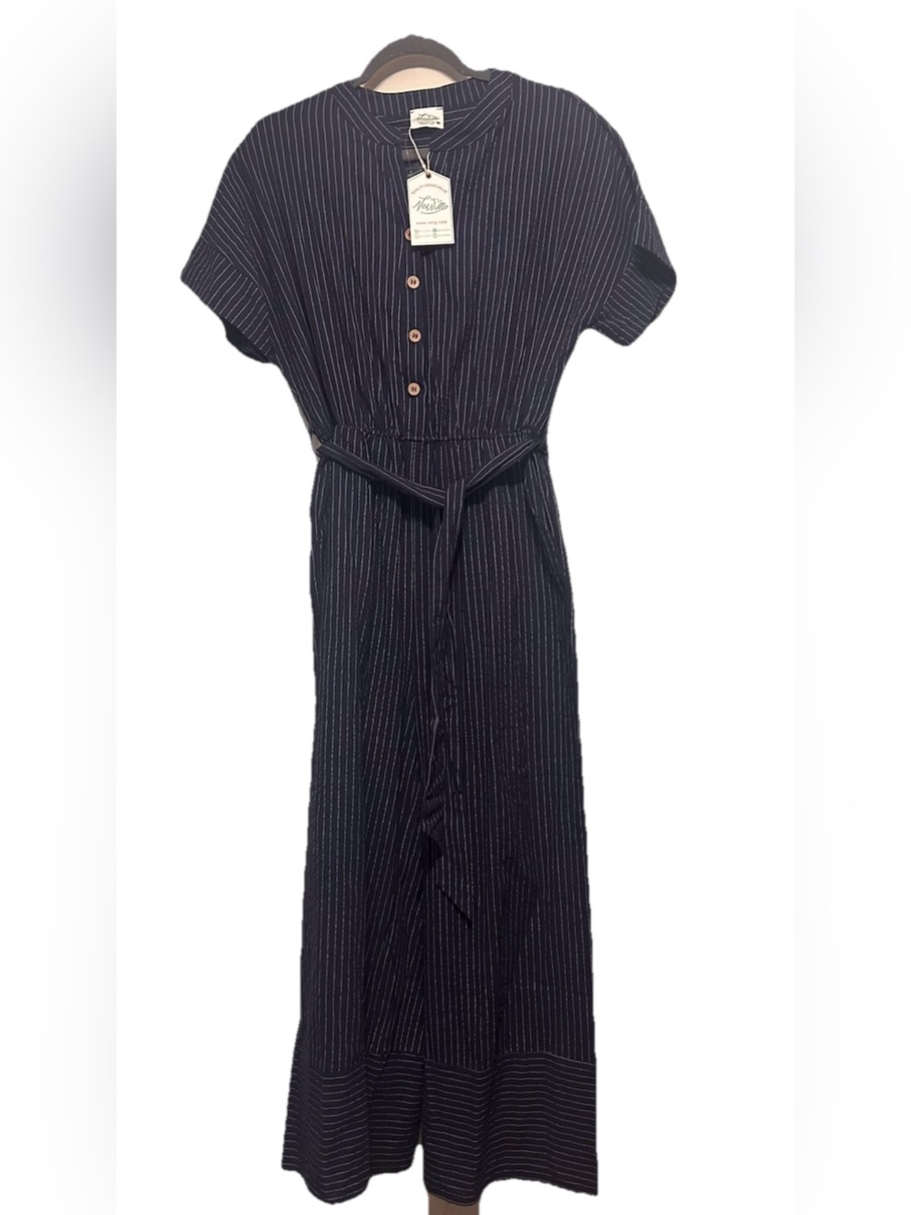 Navy Pinstripe Jumpsuit with Tie Waist